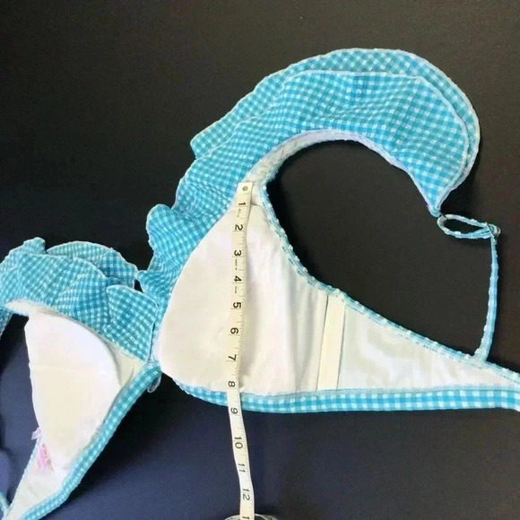 Lilly Pulitzer Womens 14 Aelin Bikini Top Turquoise Blue Gingham Print Ruffles - Picture 10 of 12